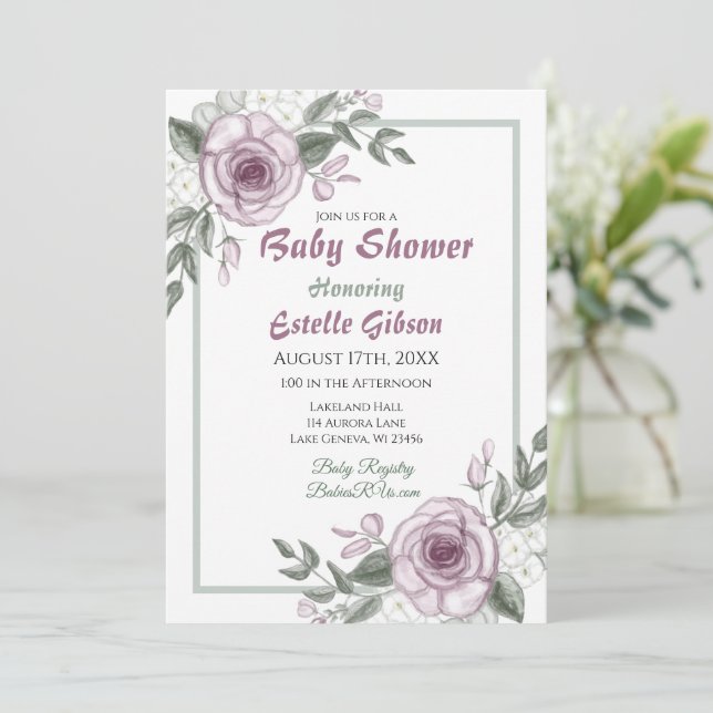 Invitation Baby shower floral de la fille Rose Mauve (Debout devant)
