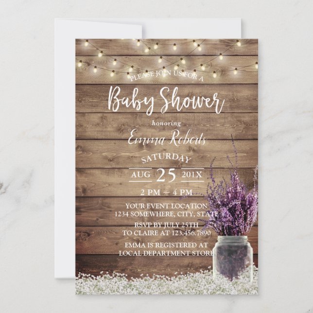 Invitation Baby shower floral de la lavande de bébé rustique (Devant)