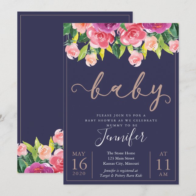Invitation Baby shower floral de la marine Blush Magenta Invi (Devant / Derrière)