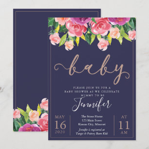Invitation Baby shower floral de la marine Blush Magenta Invi
