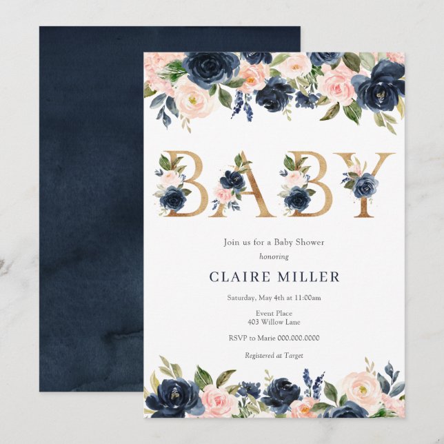 Invitation Baby shower floral de la Marine et de Blush (Devant / Derrière)
