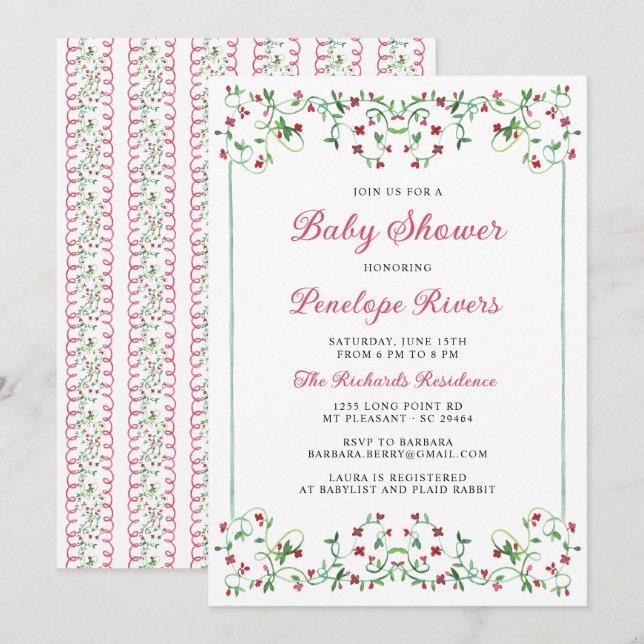 Invitation Baby shower floral de la prairie rouge (Devant / Derrière)