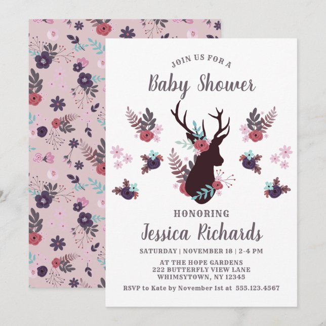 Invitation Baby shower floral de la tête de cerf rustique Mau (Devant / Derrière)