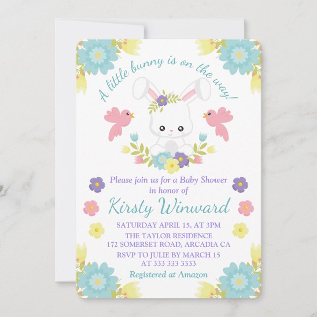 Invitation Baby shower floral de lapin de Pâques et d'oiseaux (Devant)