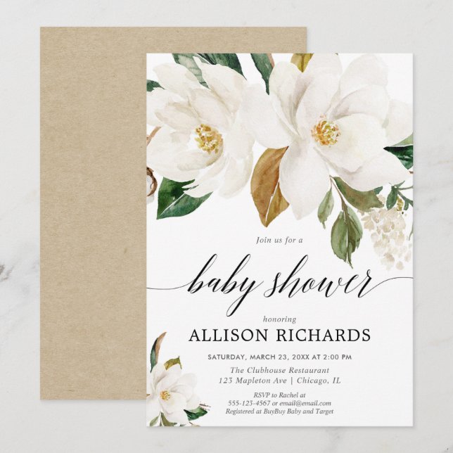 Invitation baby shower floral de magnolia non sexiste (Devant / Derrière)