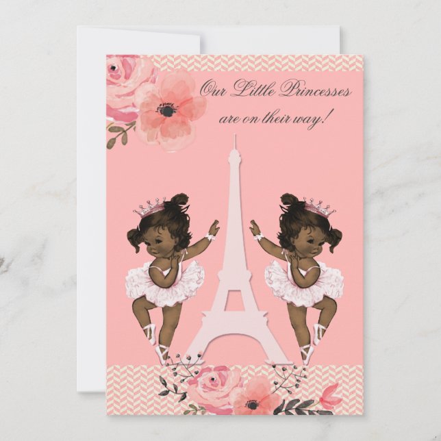 Invitation Baby shower floral de Paris de ballerines jumelles (Devant)