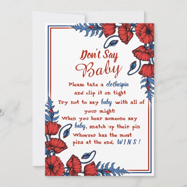 Invitation Baby shower floral de pavot ne pas dire bébé signe (Devant)