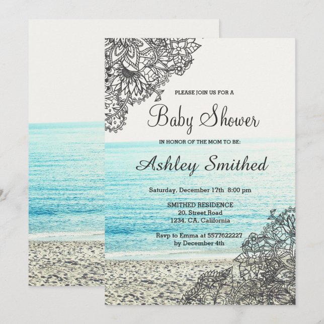 Invitation Baby shower floral de photographie de plage de (Devant / Derrière)