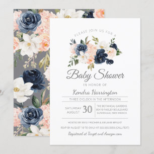Invitation Baby shower floral de rose de bleu marine de