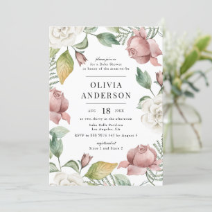 Invitation Baby shower floral de Roses rose et blanche Mauve