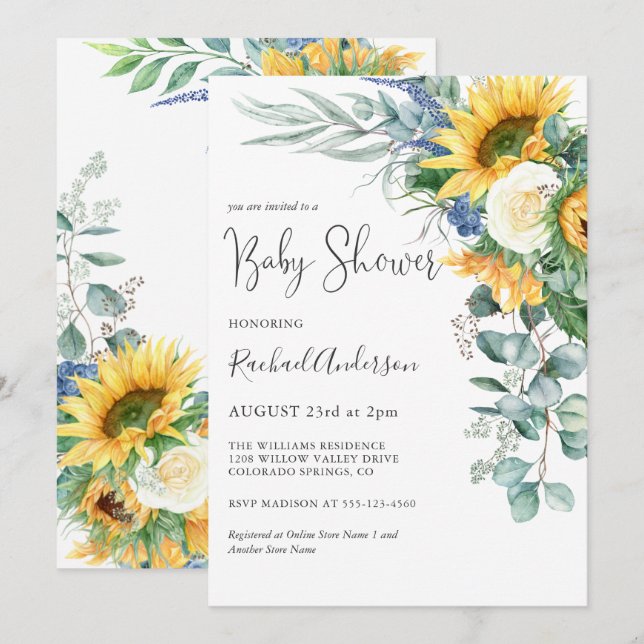 Invitation Baby shower floral de tournesol d'aquarelle (Devant / Derrière)