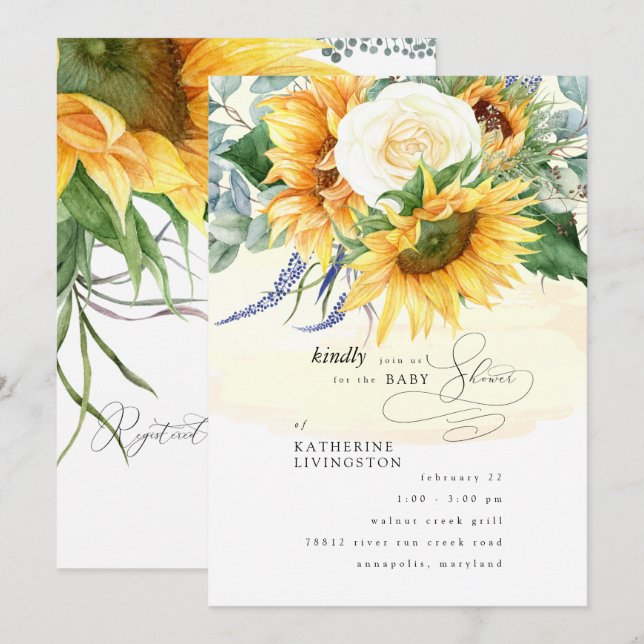 Invitation Baby shower floral de tournesol jaune Invitat (Devant / Derrière)