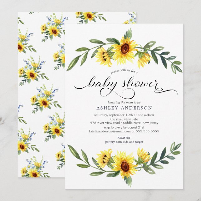 Invitation Baby shower floral de tournesol jaune joyeux (Devant / Derrière)