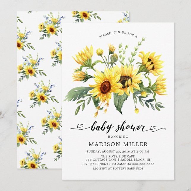 Invitation Baby shower floral de tournesol jaune joyeux (Devant / Derrière)