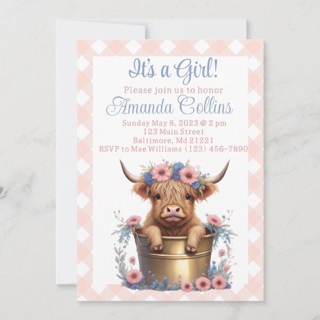 Invitation Baby shower floral de vache Highland (Devant)