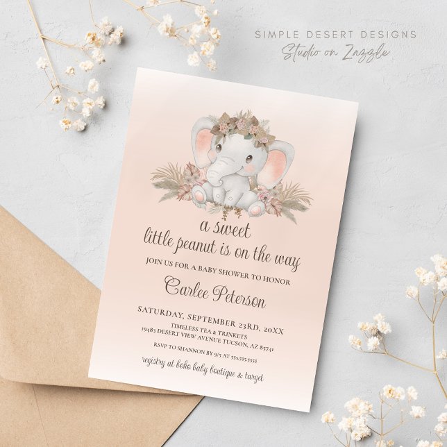 Invitation Baby shower floral d'éléphant Boho (Blush Pink Boho Floral Elephant Baby Shower Invitation for Gender Neutral Boy or Girl Baby Shower)