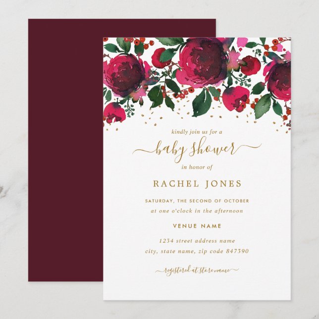 Invitation Baby shower Floral d'or rouge de Bourgogne (Devant / Derrière)