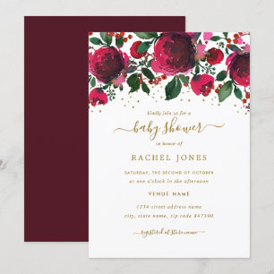 Invitation Baby shower Floral d'or rouge de Bourgogne