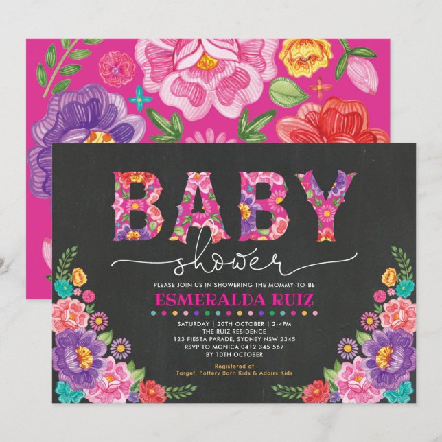 Invitation Baby shower Floral du Jardin de Fiesta (Devant / Derrière)