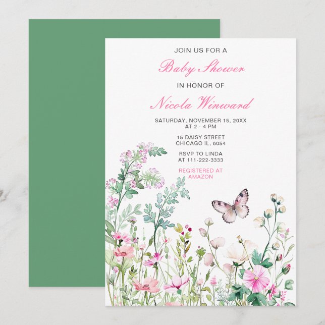 Invitation Baby shower floral du papillon vert du printemps (Devant / Derrière)