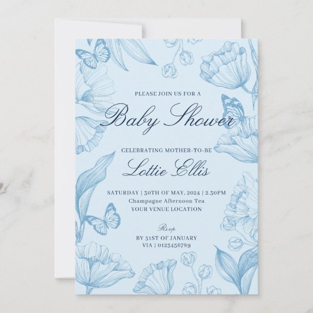 Invitation Baby shower floral élégant moderne Sky Blue Boy (Devant)