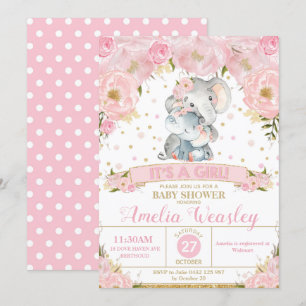 Invitation Baby shower floral éléphant Girl