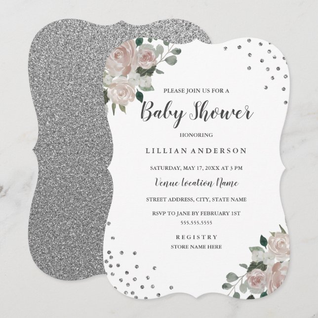 Invitation Baby shower floral en argent clair Conf (Devant / Derrière)