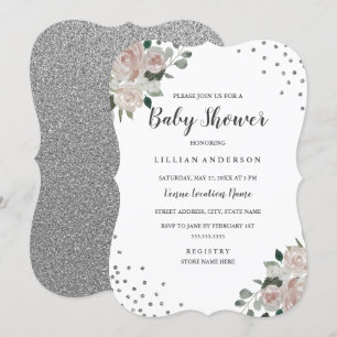 Invitation Baby shower floral en argent clair Conf