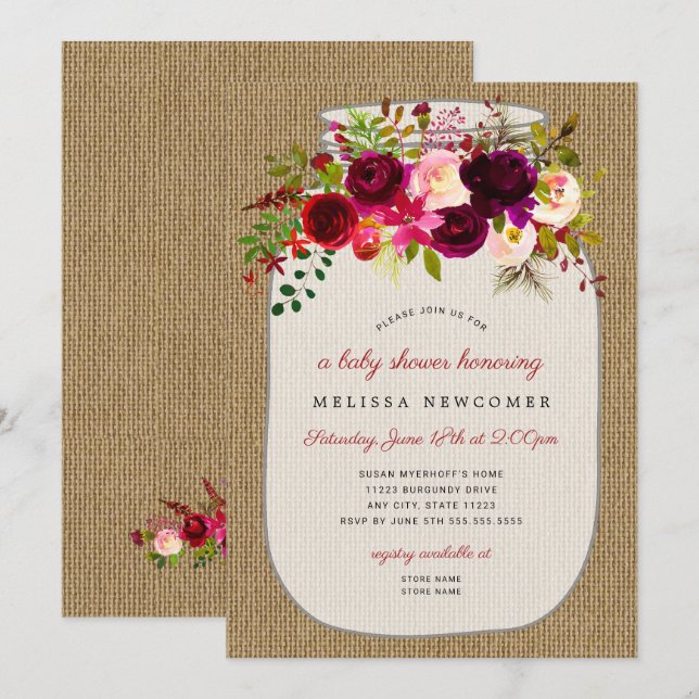 Invitation Baby shower floral en pot de mason rustique (Devant / Derrière)