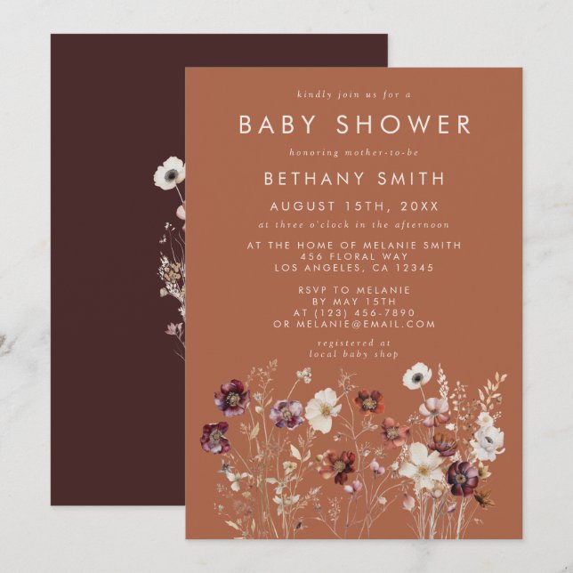 Invitation Baby shower Floral en terre cuite d'automne (Devant / Derrière)