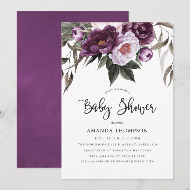 Invitation Baby shower floral en velours profond (Devant / Derrière)