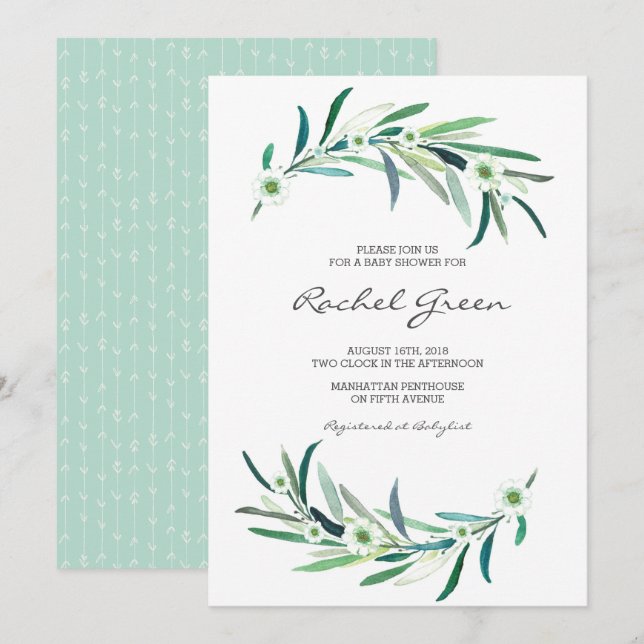 Invitation Baby shower floral Eucalyptus (Devant / Derrière)
