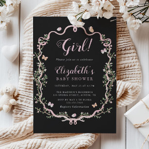 Invitation Baby shower Floral Fille Fleur Noir & Rose