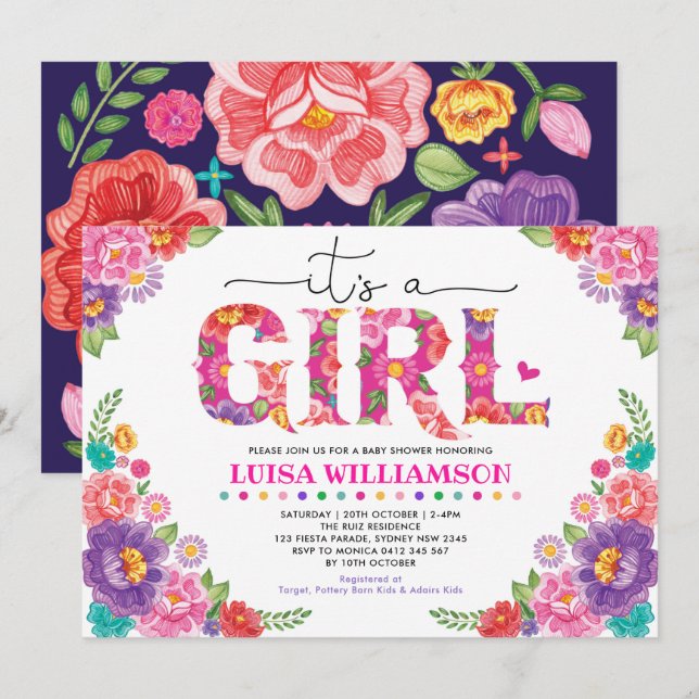 Invitation Baby shower Floral Fille Rose Hot Mexicaine (Devant / Derrière)