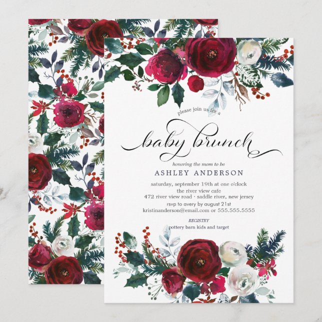 Invitation Baby shower Floral Fleur d'hiver Brunch (Devant / Derrière)