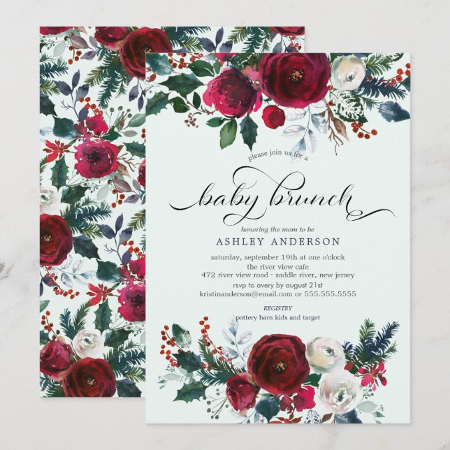 Invitation Baby shower Floral Fleur d'hiver Brunch (Devant / Derrière)