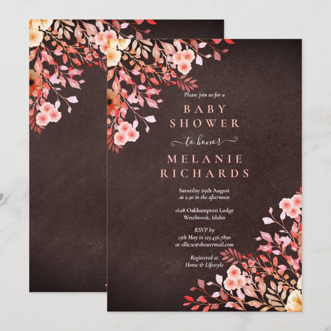 Invitation Baby shower Floral fleur sauvage/Paillettes (Devant / Derrière)