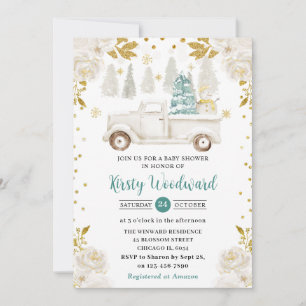 Invitation Baby Shower Floral Fleurie Camion Blanc et Or pour