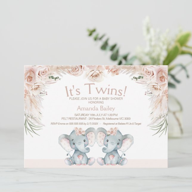 Invitation Baby shower floral flou à deux éléphants (Debout devant)