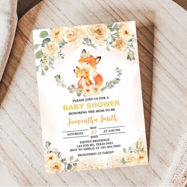 Invitation Baby shower Floral Fox automne (Fox Baby Shower Invitation)