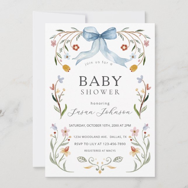 Invitation Baby shower Floral Frame Blue Bow (Devant)
