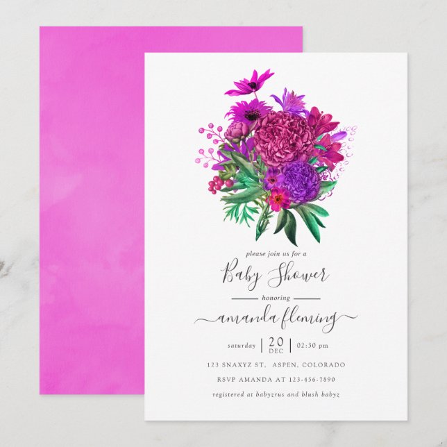 Invitation Baby shower floral Fuchsia et Purple Shabby (Devant / Derrière)