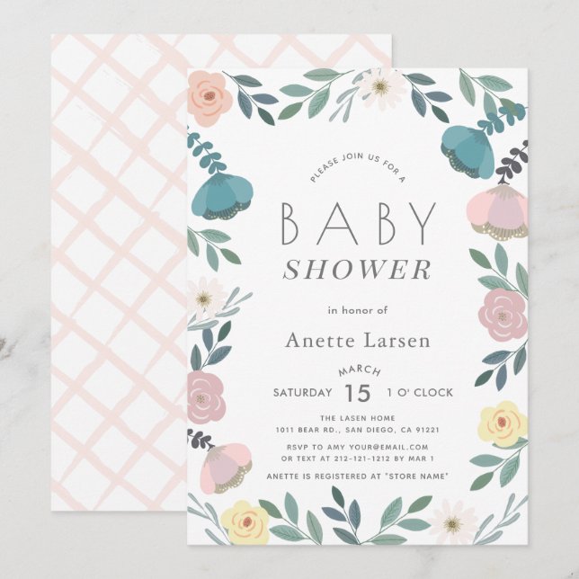 Invitation Baby shower Floral Garden White Girl (Devant / Derrière)