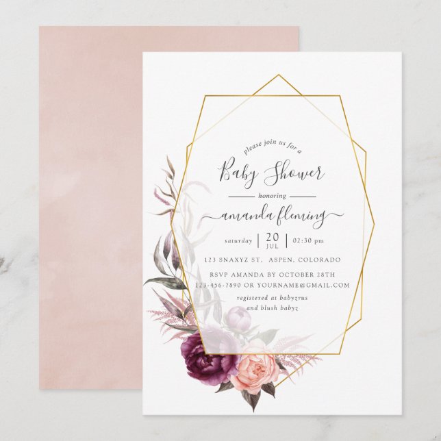 Invitation Baby shower floral géométrique Marsala et Blush (Devant / Derrière)