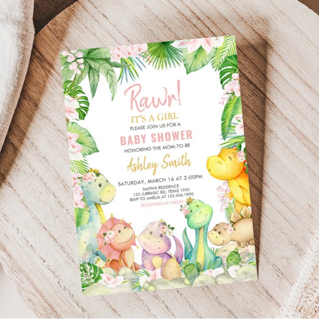 Invitation Baby shower Floral Girl Dinosaur (Greenery Dinosaur Baby Shower Invitation)