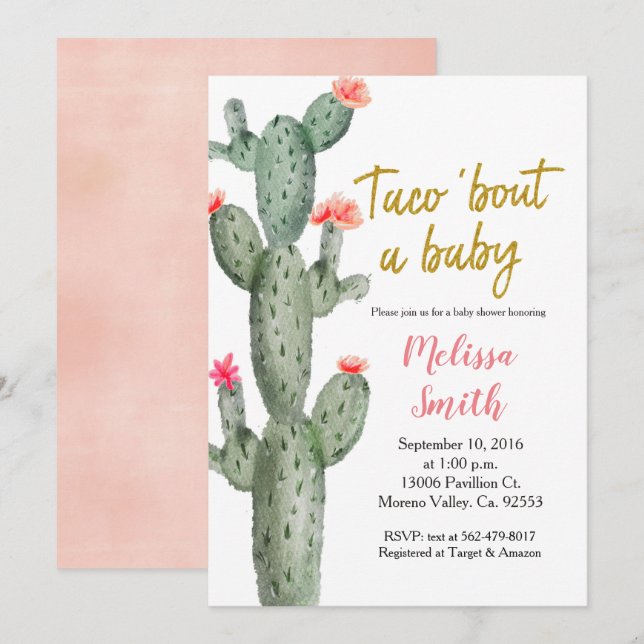 Invitation Baby shower floral Gold Cactus Taco Bout Baby (Devant / Derrière)