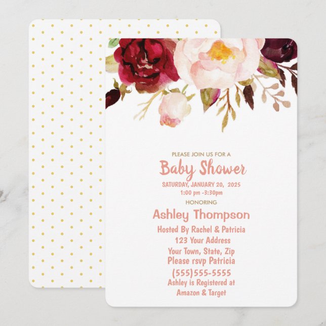 Invitation Baby shower Floral Gold et Rose Girls (Devant / Derrière)