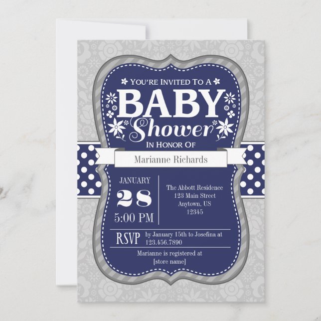 Invitation Baby shower floral gris bleu marine (Devant)