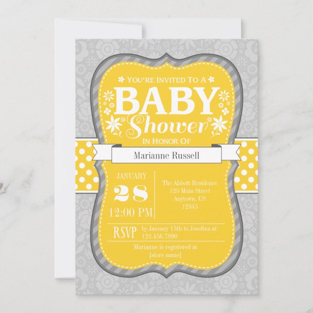 Invitation Baby shower Floral Gris Jaune (Devant)
