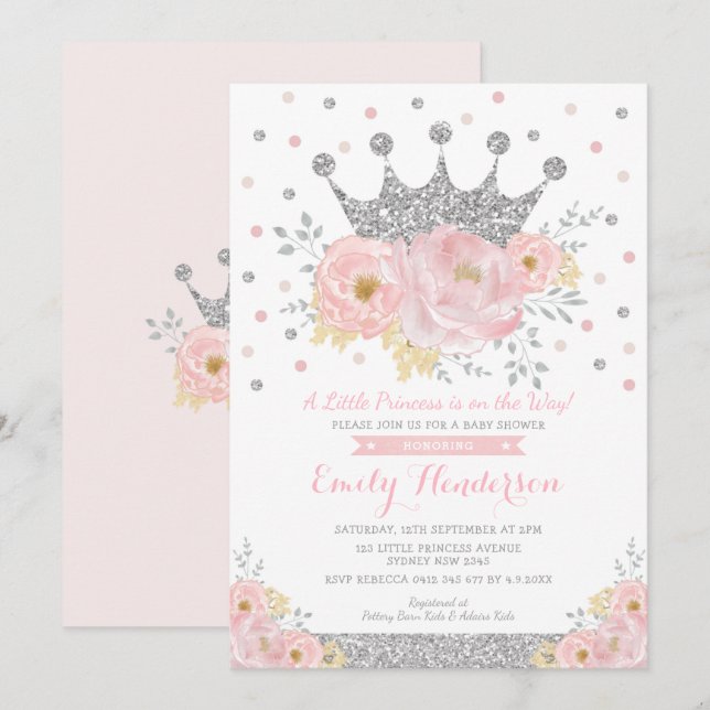 Invitation Baby shower Floral Inv. princesse Couronne argenté (Devant / Derrière)
